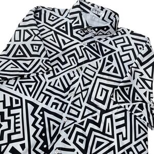 KYKU Geometric Print Button Up Short Sleeve Casual Shirt, Black‎ White Men's 2XL
